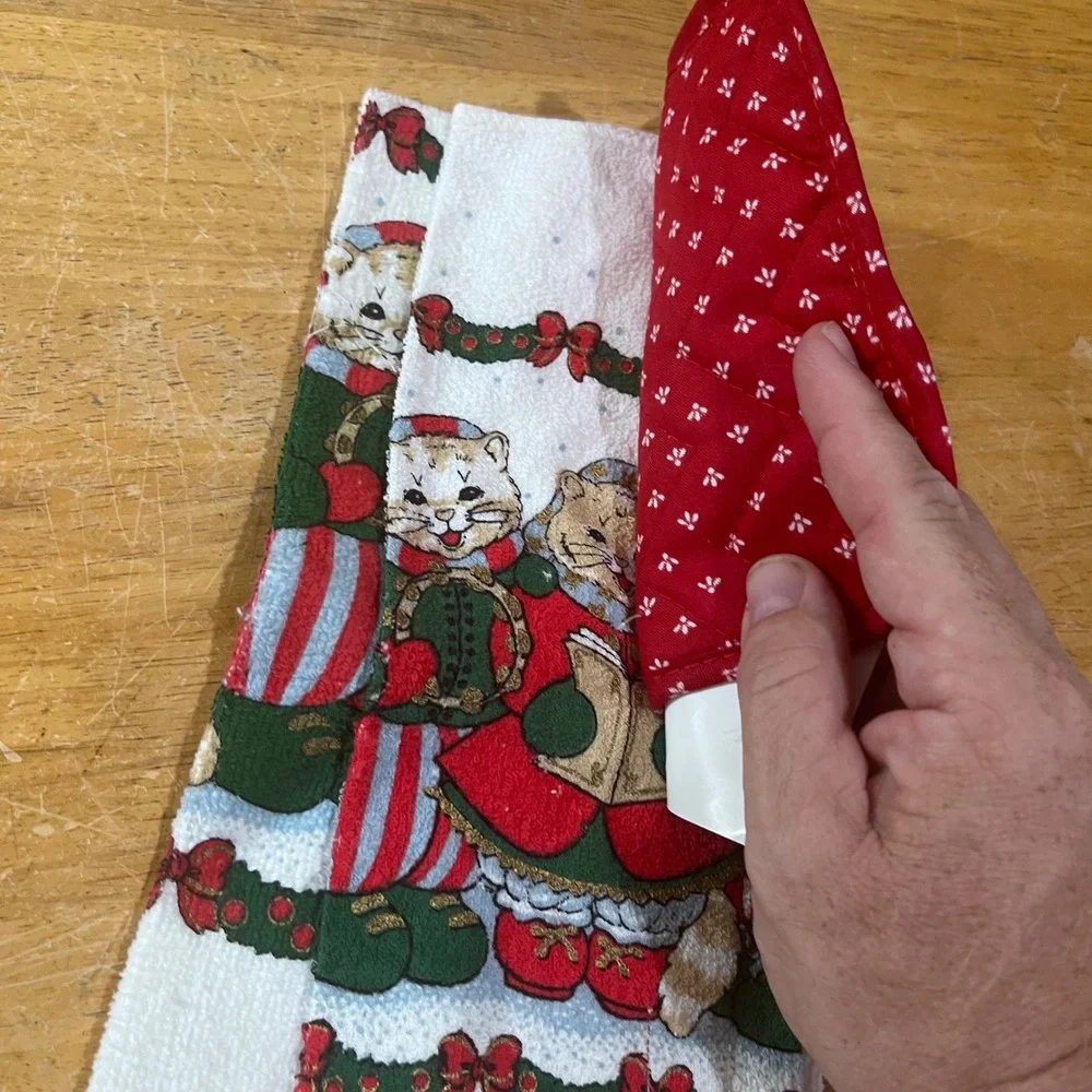 Vtg Holiday‎ Trimmings Caroling Cats 3pc Kitchen Towel Dish Cloth Pot Holder Set